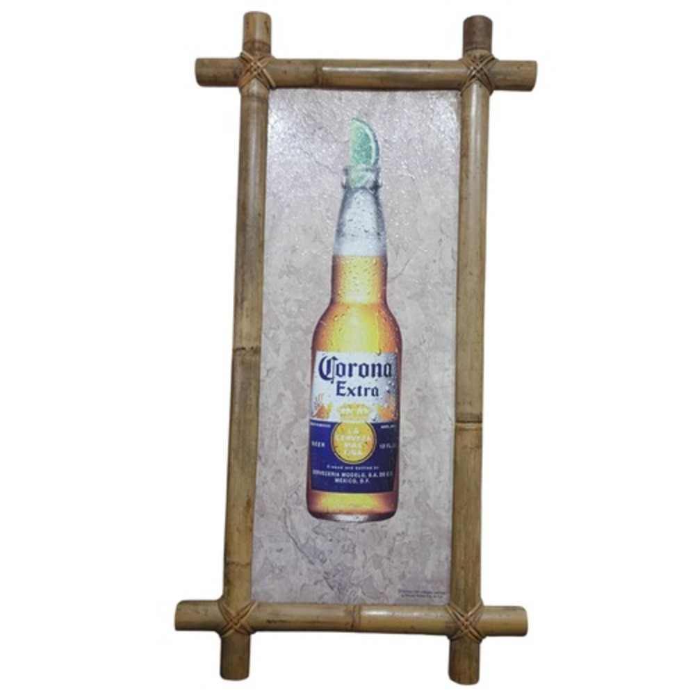 2007 Corona Extra Beer Bottle Sign Bamboo Wood Framed 25" Tall Tiki Bar Decor